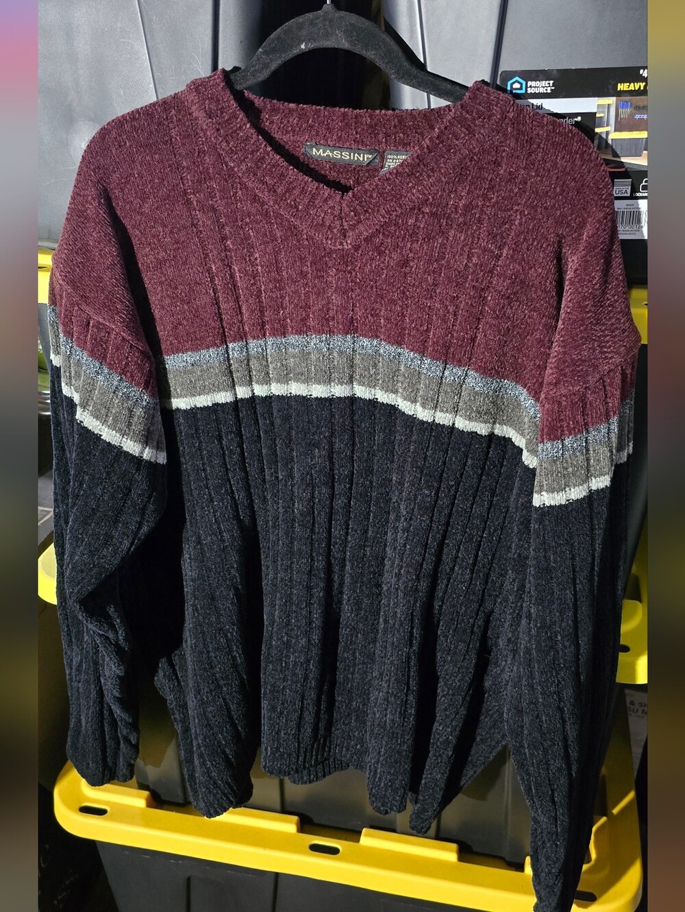 Massini Men's Burgundy, Gray and Black V-Neck Striped Sweater